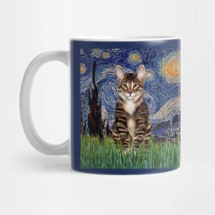 Starry Night by Vam Gogh Adapted to Include a Tabby Tiger Cat Mug